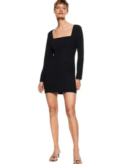 Robe courte noire Sky coupe ajustée à manches longues et col carré