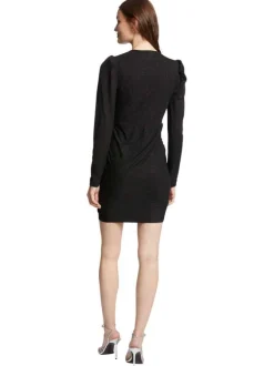 Robe courte noire unie ajustée à col v croisé et à manches longues brillantes