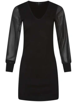 Robe courte noire unie ajustée, col v et à manches longues en voile