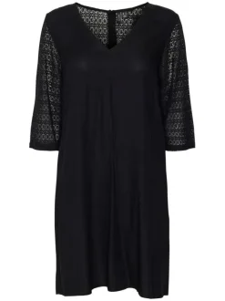 Robe courte noire unie avec empiècement en dentelle à coupe droite et col v