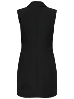 Robe courte noire unie avec une coupe droite à col v et des boutons