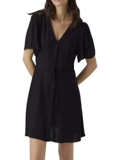 Robe courte noire unie avec une coupe droite fluide, col v et à manches courtes