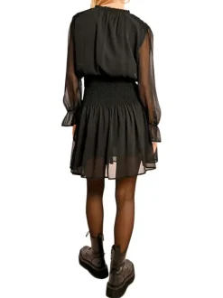 Robe courte noire unie cintrée à col v et à manches longues en voile