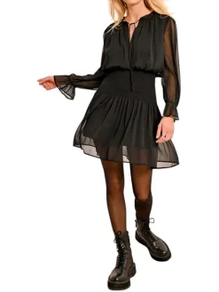 Robe courte noire unie cintrée à col v et à manches longues en voile