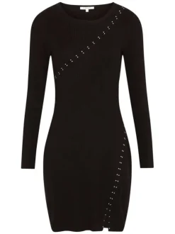 Robe courte noire unie à coupe ajustée avec col rond et manches longues
