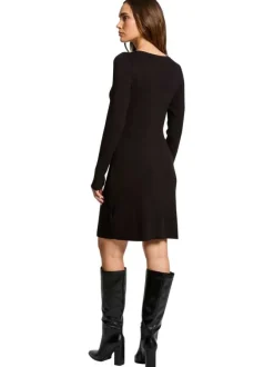 Robe courte noire unie à coupe ajustée avec col rond et manches longues