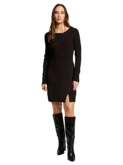 Robe courte noire unie à coupe ajustée avec col rond et manches longues