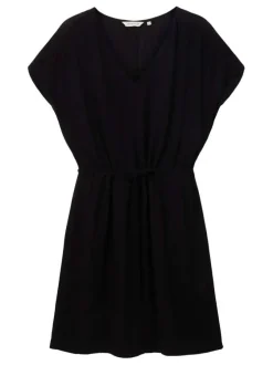Robe courte noire unie coupe ajustée col v et à manches courtes