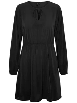 Robe courte noire unie à coupe ample col v et à manches longues
