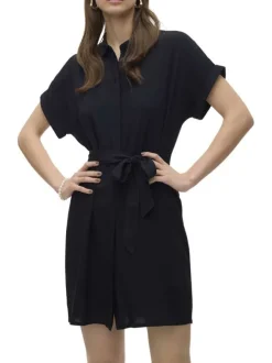 Robe courte noire unie à coupe cintrée, col à revers et à manches courtes