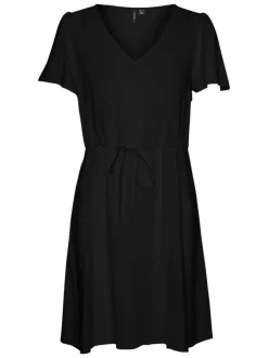 Robe courte noire unie à coupe cintrée, col v et à manches courtes