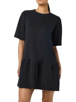 Robe courte noire unie à coupe évasée sur le bas et à col rond