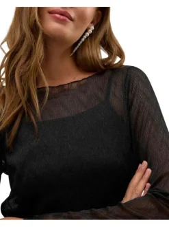 Robe courte noire unie droite à col rond et à manches longues en voile
