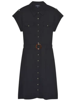Robe courte noire unie en coton avec une coupe ajustée et un col chemise
