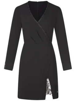 Robe courte noire unie zippée au dos à col cache-coeur avec des strass