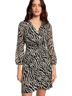 Robe courte noire zébrée à coupe portefeuille avec un col cache-coeur