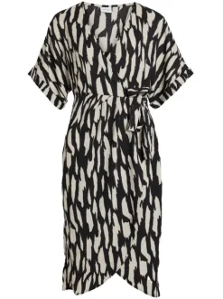 Robe courte noire zebré à coupe portefeuille col v et à manches courtes