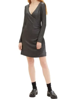 Robe courte noir satinée coupe droite col cache-coeur et à manches longues