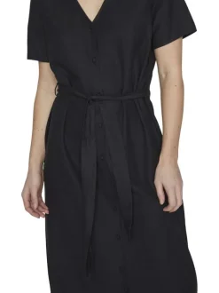 Robe courte noir uni avec une coupe droite à col v et des manches courtes
