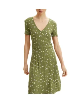 Robe courte olive avec imprimé liberty coupe évasée col v à manches courtes