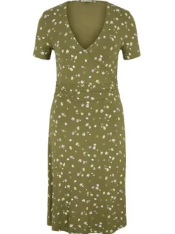 Robe courte olive avec imprimé liberty coupe évasée col v à manches courtes