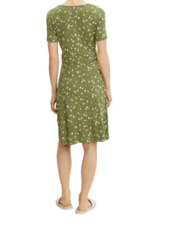 Robe courte olive avec imprimé liberty coupe évasée col v à manches courtes