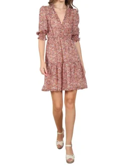 Robe courte orange fantaisie coupe droite avec un col cache-coeur et un imprimé liberty