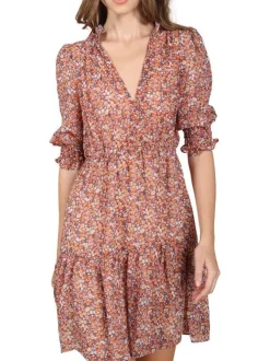 Robe courte orange fantaisie coupe droite avec un col cache-coeur et un imprimé liberty