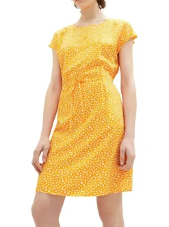 Robe courte orange fleurie à coupe ajustée col rond et à manches courtes