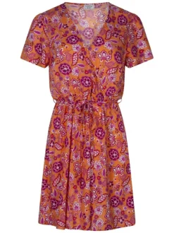 Robe courte orange florale pourvue d'une coupe évasée et des manches courtes
