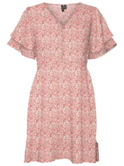 Robe courte pêche fleurie à coupe droite col v et à manches courtes