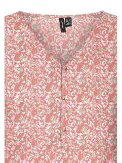 Robe courte pêche fleurie à coupe droite col v et à manches courtes