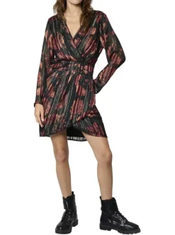 Robe courte portefeuille noire imprimée à motif fleuri et à manches longues