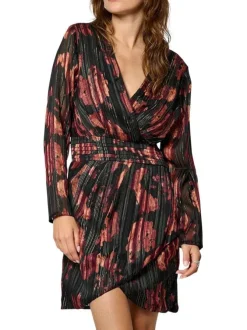 Robe courte portefeuille noire imprimée à motif fleuri et à manches longues