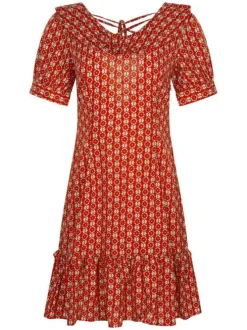 Robe courte rouge avec imprimé floral rétro all-over coupe taille basse col v à manches courtes