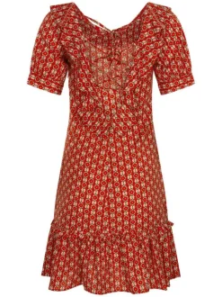 Robe courte rouge avec imprimé floral rétro all-over coupe taille basse col v à manches courtes