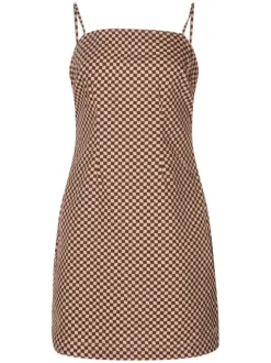 Robe courte rouge carreaux coupe ajustée col rond et à manches à bretelles