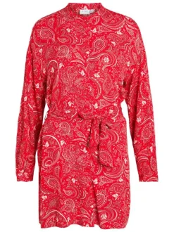 Robe courte rouge imprimé cachemire à coupe droite et col tunisien