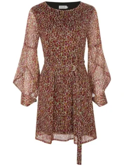 Robe courte rouge imprimée abstraite avec une coupe droite col rond et à manches longues