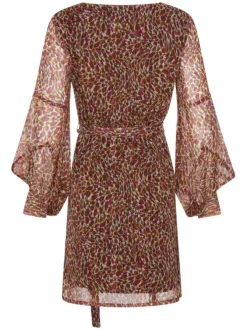 Robe courte rouge imprimée abstraite avec une coupe droite col rond et à manches longues