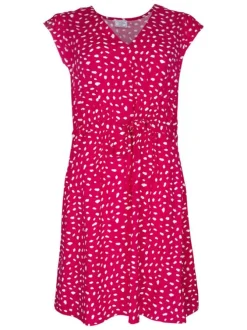 Robe courte rouge imprimée coupe droite col v et à manches courtes