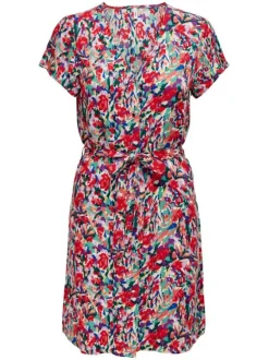 Robe courte rouge ornée d'un motif à pois et pourvu d'un col v