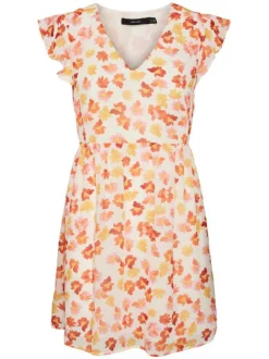 Robe courte sans manches beige fleurie avec une coupe patineuse et un col v