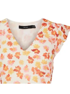 Robe courte sans manches beige fleurie avec une coupe patineuse et un col v