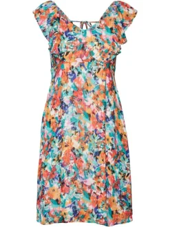 Robe courte sans manches multicolore fleurie à coupe évasée et col rond