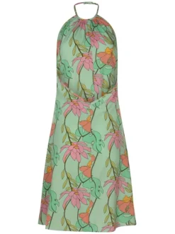 Robe courte sans manches vert d'eau fleurie à coupe ajustée et col rond