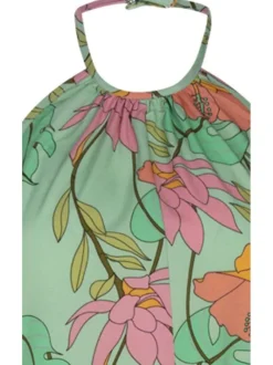 Robe courte sans manches vert d'eau fleurie à coupe ajustée et col rond