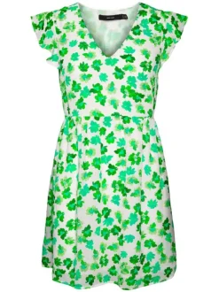 Robe courte sans manches verte fleurie avec une coupe patineuse et un col v