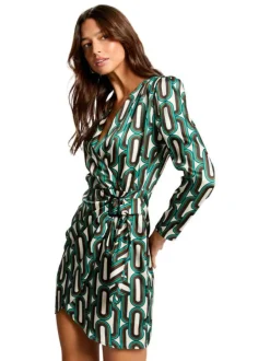 Robe courte satinée verte imprimée avec une coupe ajustée et un col cache-coeur