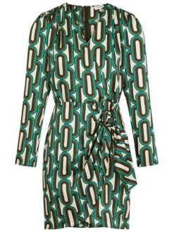 Robe courte satinée verte imprimée avec une coupe ajustée et un col cache-coeur
